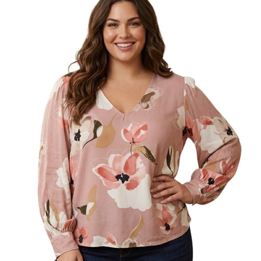 Ava & Viv Blush Pink Floral Blouse Womens Size 2X  V-Neck Feminine Top